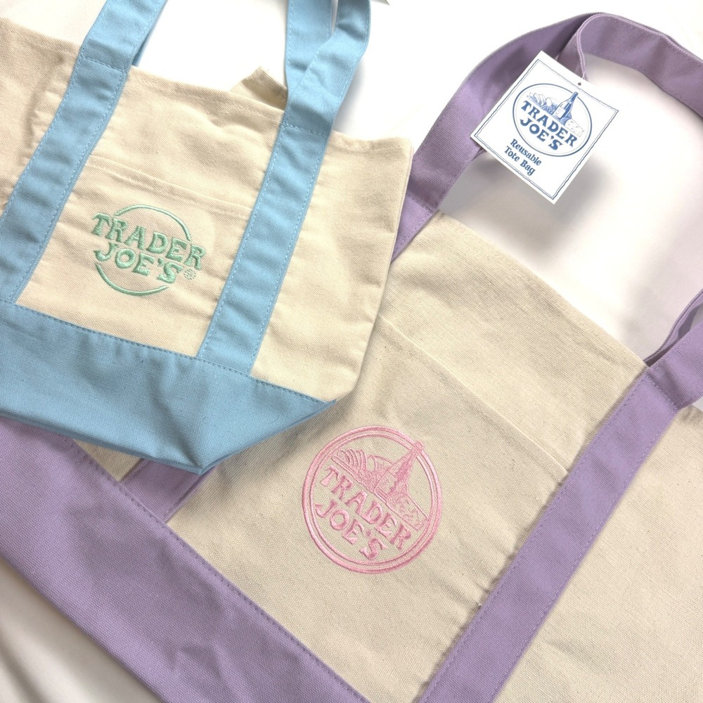 Trader Joe's Canvas Tote Bag Lot of 2 Purple Classic, Purple Mini, Spring NWT